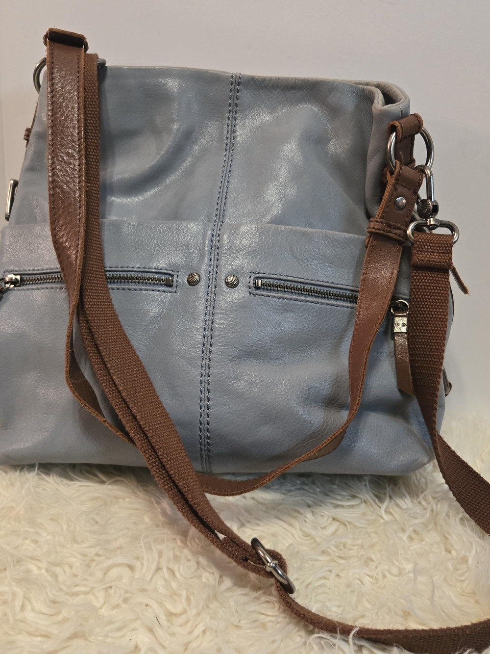 The Sak Light Blue Leather Crossbody with Brown Strap